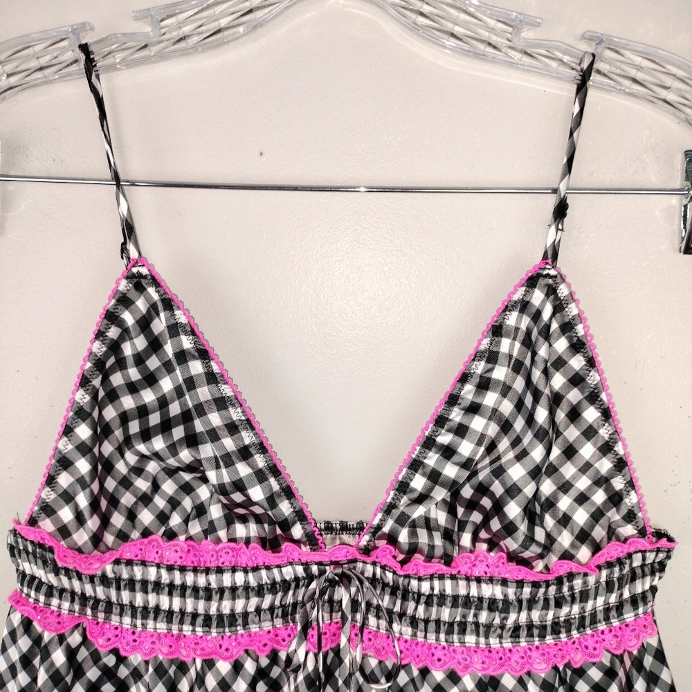 NWT Victoria's Secret Black & White Gingham w/ Pink Trim Babydoll Negligee Sz. M - Picture 4 of 12
